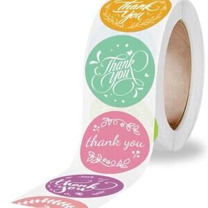 New 500 Piece Roll Self-Adhesive Thank You Stickers - 8 Designs